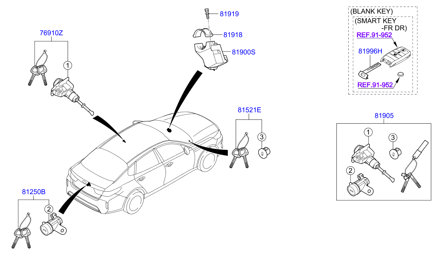Запчасти KIA OPTIMA HYBRID 18 (2019-) группы код отделки - подгруппы  комплект ключей и цилиндра замка — 8181911